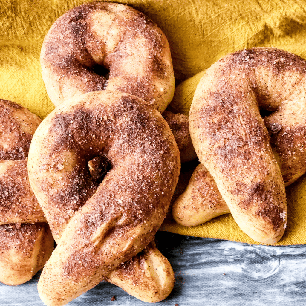 Close-up of freshly made Air Fryer Cinnamon Bread Twists, showcasing their crispy exterior and cinnamon sugar coating.