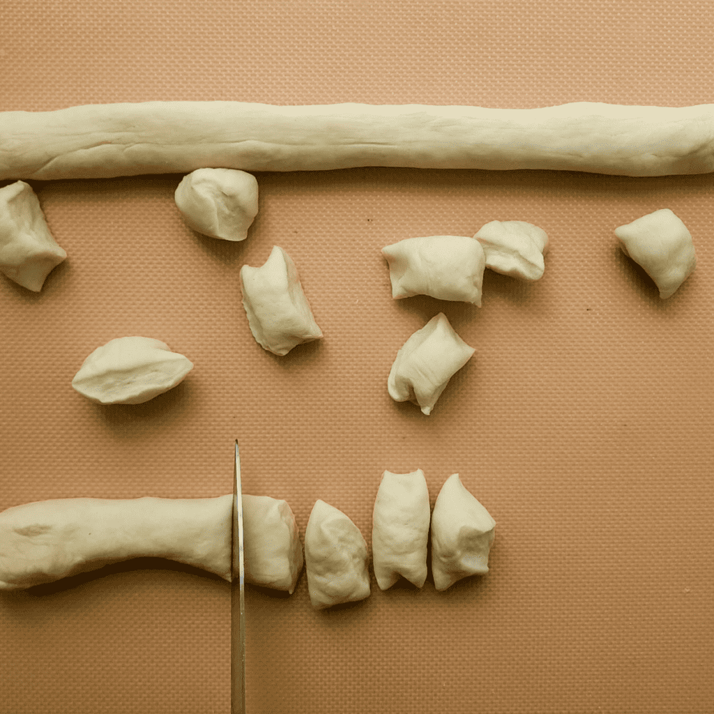 Image of cut dough pieces being rolled into small balls for shaping Domino's Parmesan Bites before baking.
