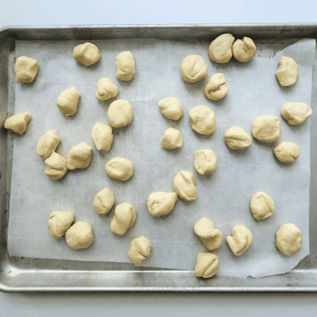 Image of freshly shaped dough balls being coated with a mixture of garlic powder, parsley, and grated Parmesan cheese for Domino's Parmesan Bites.
