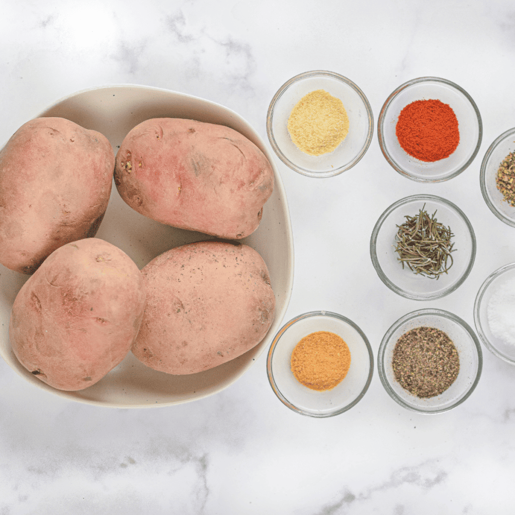Ingredients Needed For Air Fryer Copycat Wingstop Fries on kitchen table.