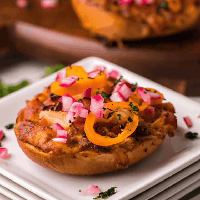 Golden brown air fryer Hawaiian pizza bagel bites topped with ham, pineapple, melted cheese, and fresh herbs.