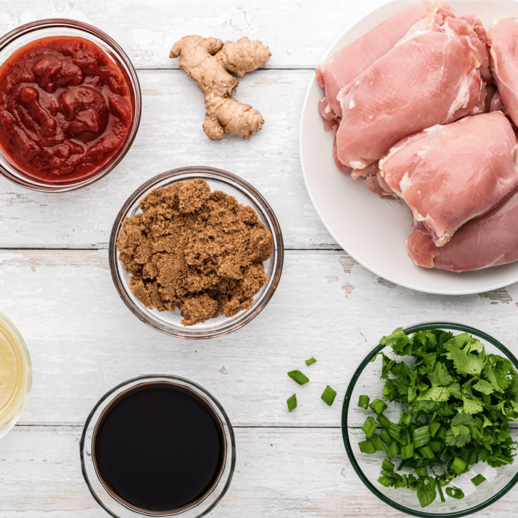Ingredients needed for Air Fryer Huli Huli Chicken on kitchen table.