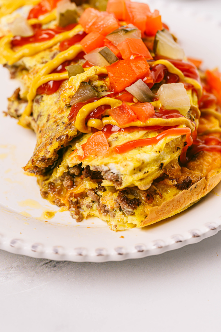 Air Fryer IHOP Cheeseburger Omelette with beef, eggs, and melted cheese