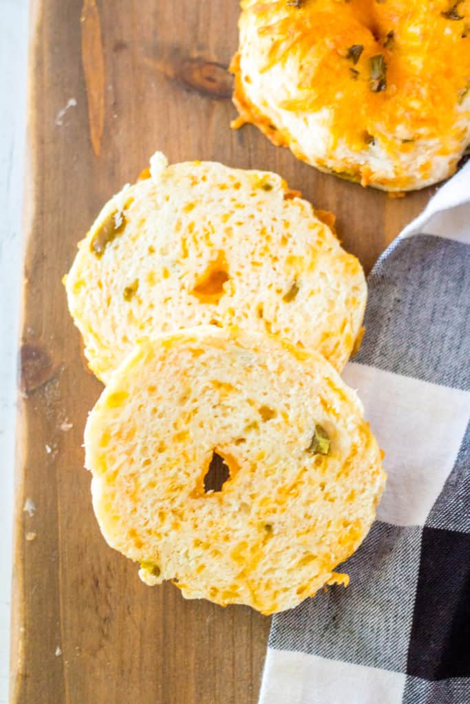 Air fryer keto jalapeno cheddar bagels with a perfectly crispy crust and flavorful cheese and jalapeno topping