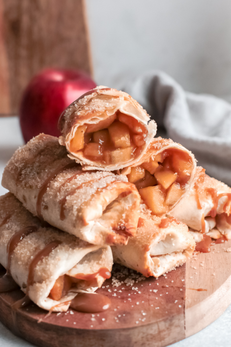 Air fryer apple flautas rolled in cinnamon sugar with caramel drizzle