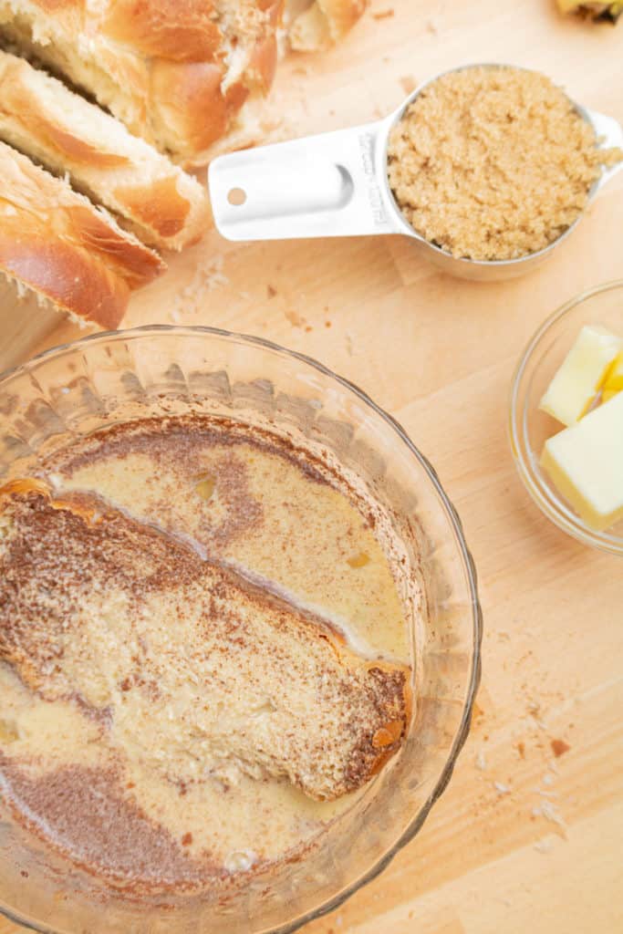 Soak the bread into the custard mixture.