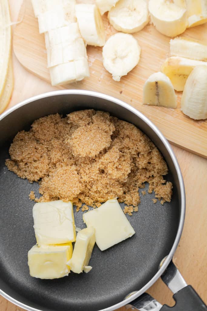 Prepare the banana foster topping in a skillet.