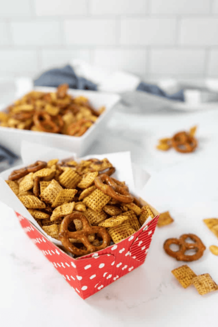 Golden Blackstone Chex Party Mix in a bowl, ready to serve as a game-day snack
