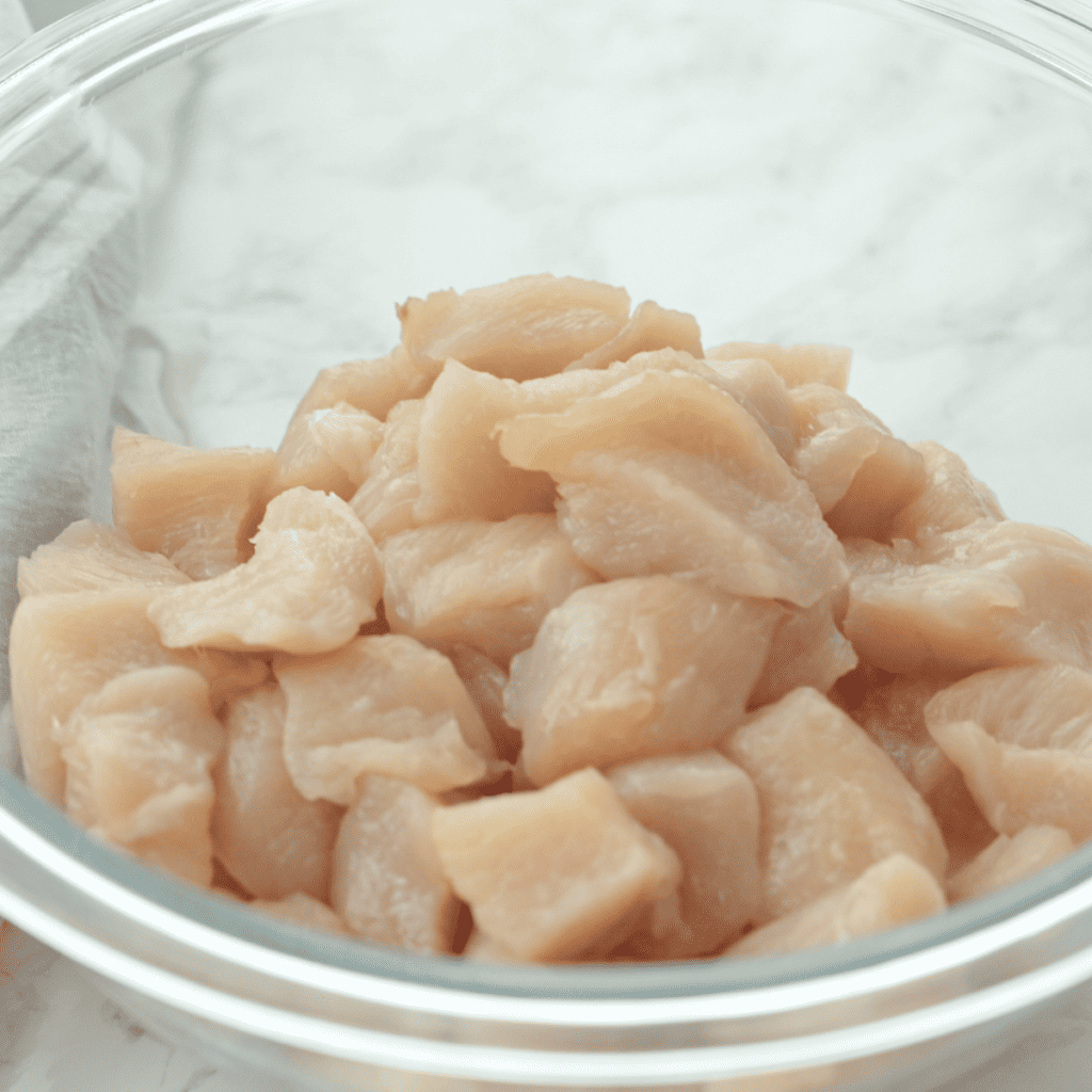 Diced chicken in the mixing bowl.