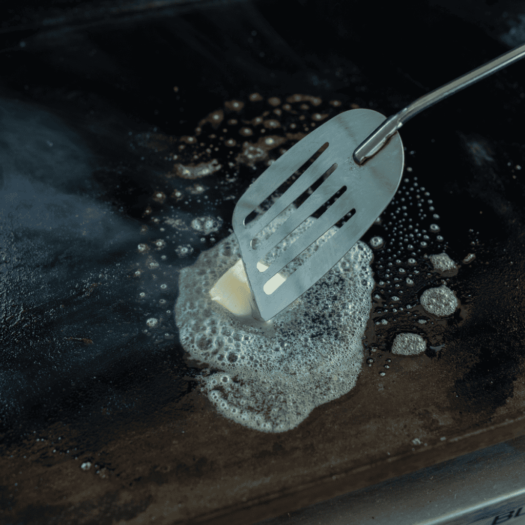 Preheating Blackstone griddle to medium-high heat and adding butter or avocado oil.