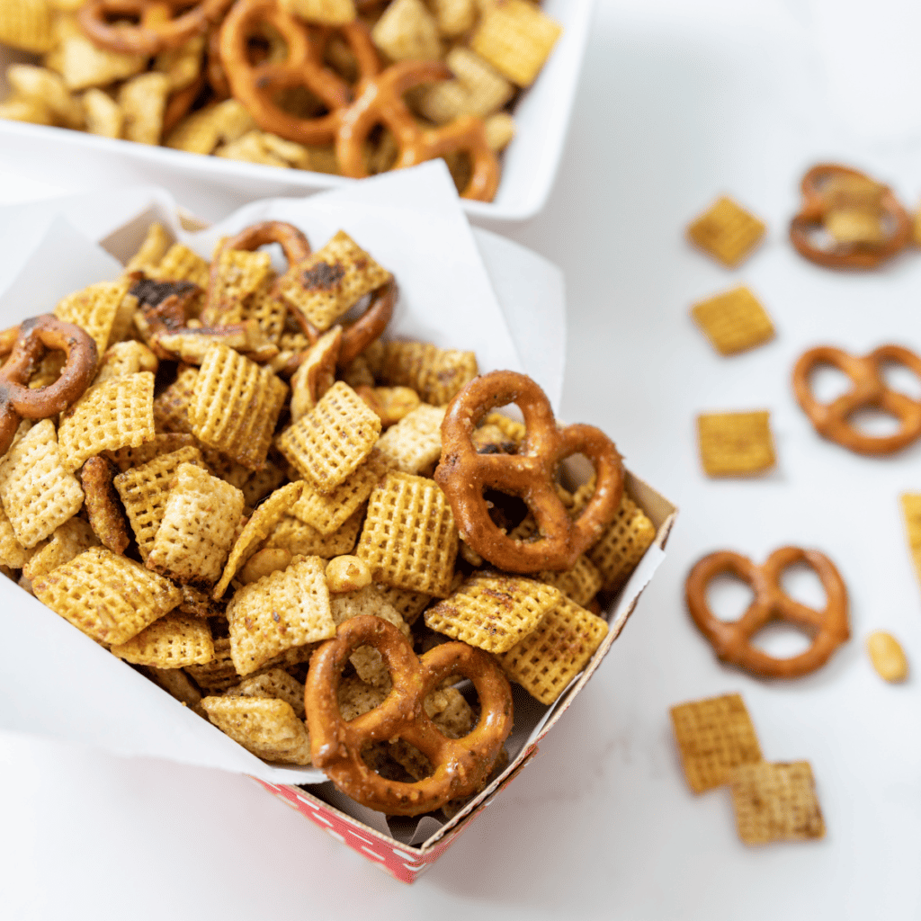 Crunchy griddle Chex mix stored in an airtight container to stay fresh