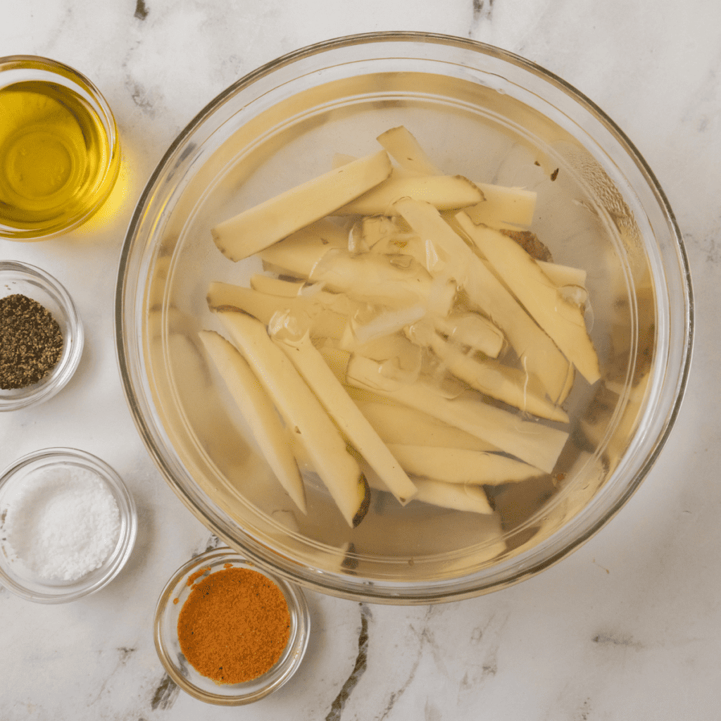 Soaking cut potatoes in water to remove excess starch, shown in a bowl filled with water.