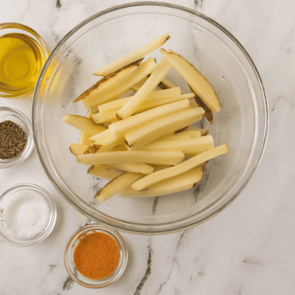  Slicing raw potatoes into fry shapes on a cutting board, preparing for the air fryer or oven.