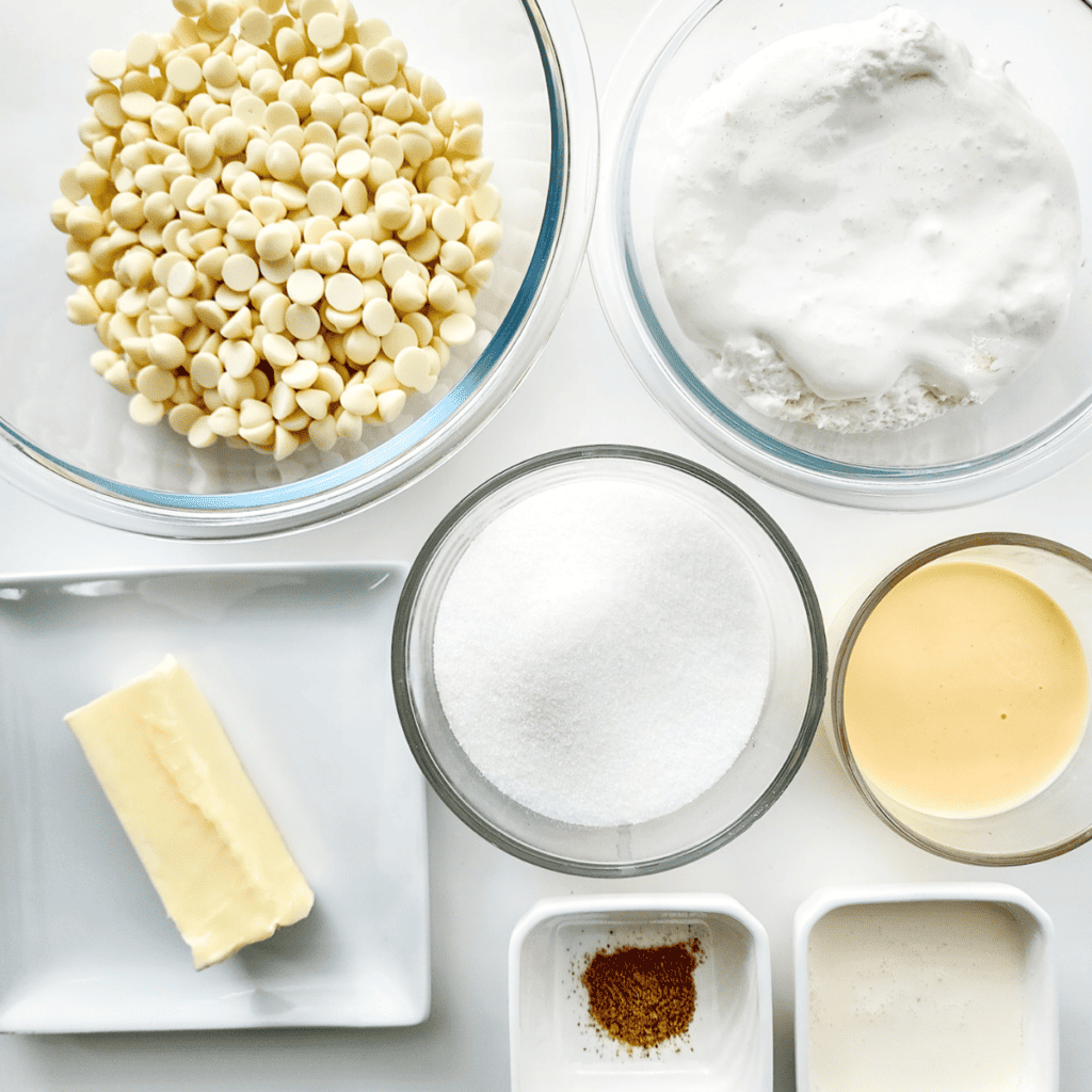 Ingredients for eggnog fudge on a white table.