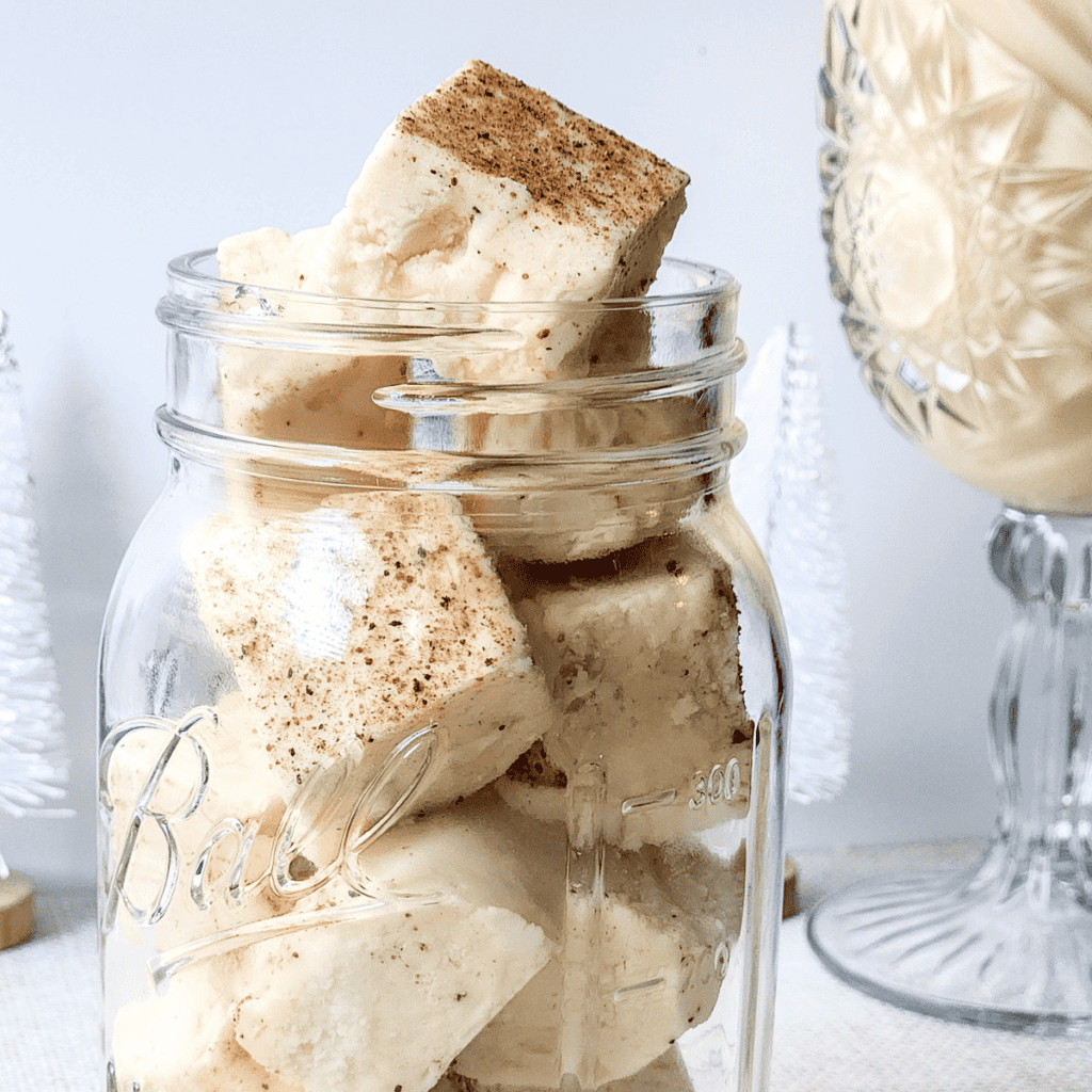 "Plate of finished Instant Pot Eggnog Fudge, cut into neat squares with a dusting of nutmeg on top."