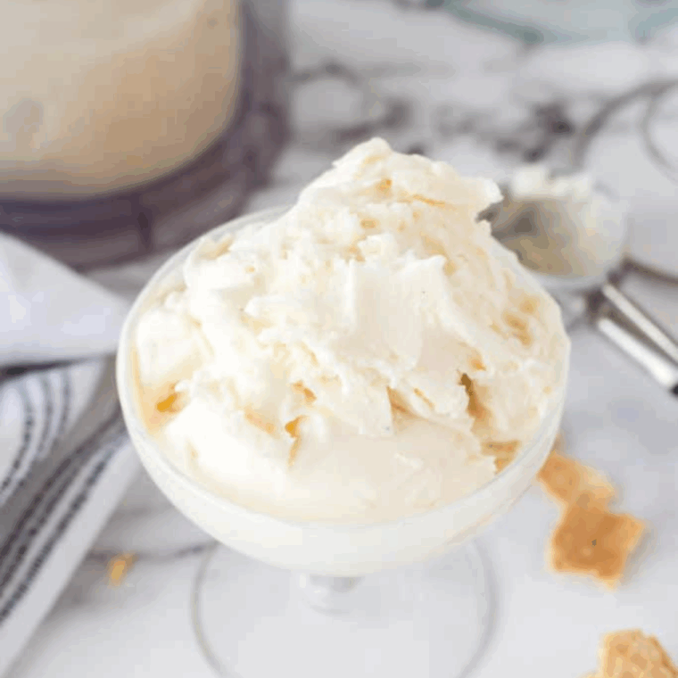 Ninja Creami vanilla bean ice cream scooped into a glass bowl, flecked with real vanilla bean specks