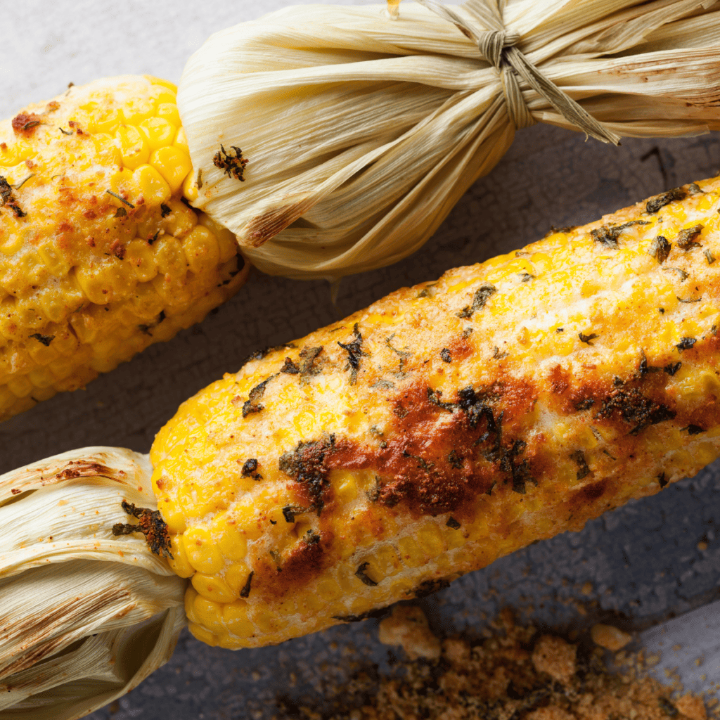 Fresh corn on the cob in the husk cooked in the air fryer, served on a wooden board.