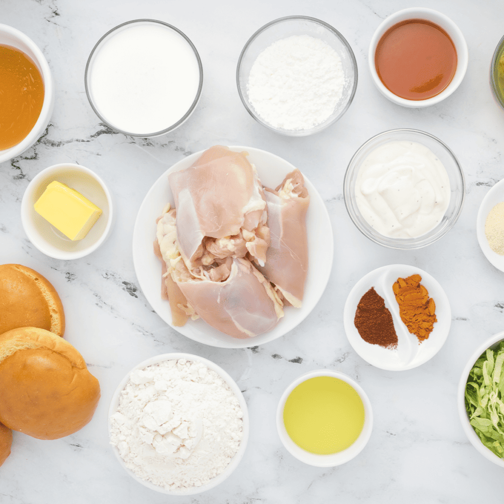 Ingredients Needed For Air Fryer Hot Chicken Sandwich on kitchen table.