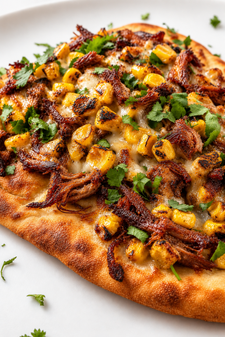 Whole carnitas flatbread on a plate garnished with cilantro and lime wedges