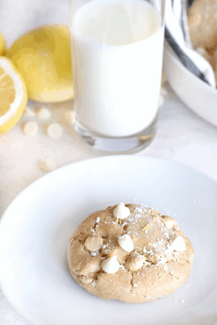 Golden-brown lemon cookies studded with white chocolate chips fresh from the air fryer.
