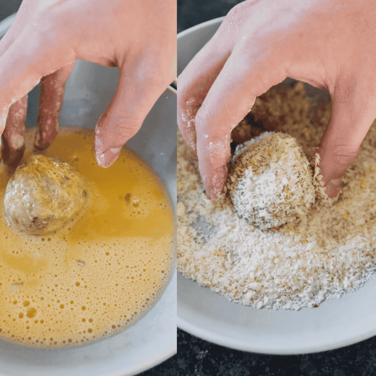 Hands shaping risotto into mozzarella-stuffed balls, placed on a tray and ready to be chilled in the refrigerator.