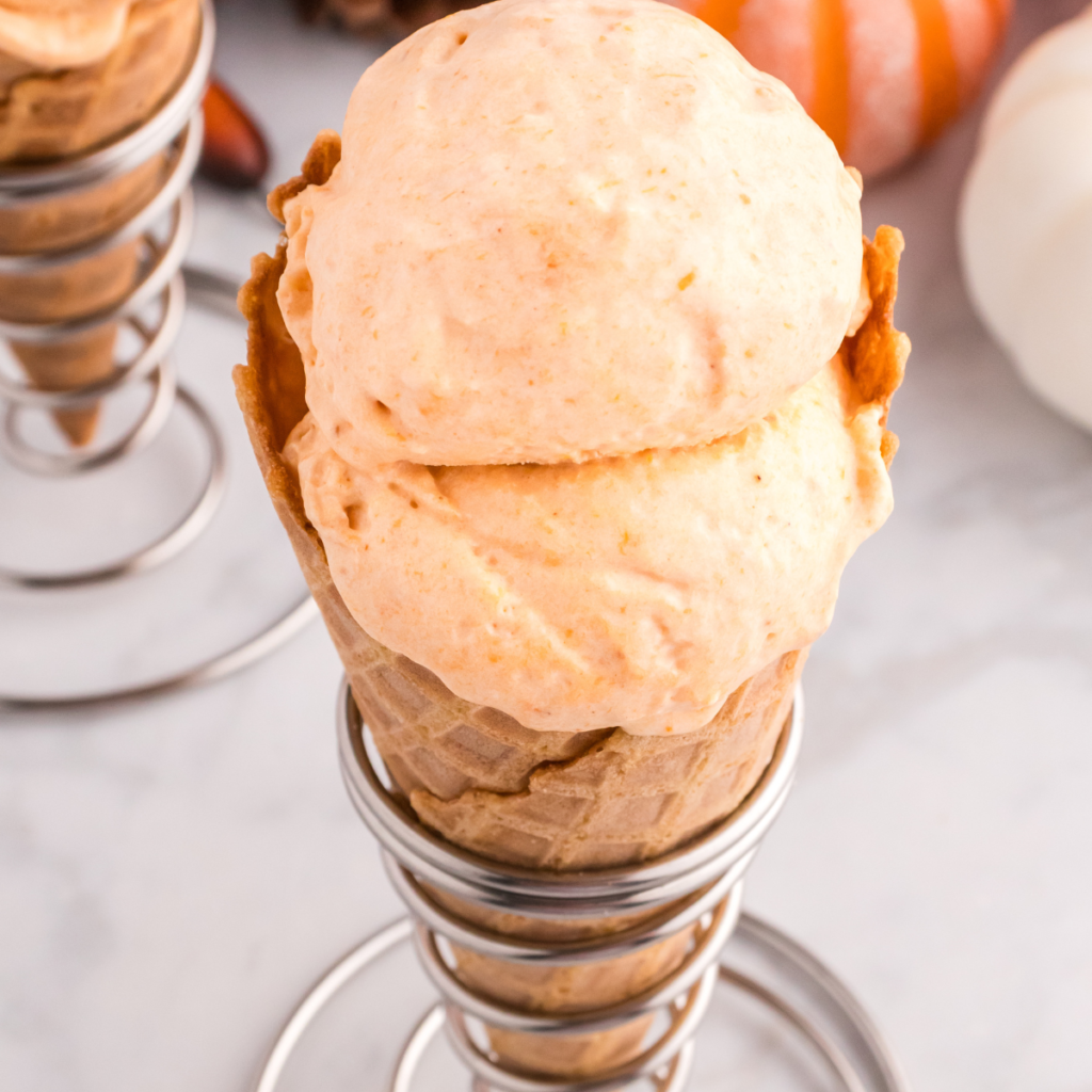 Close-up of smooth, spiced pumpkin ice cream showing its creamy texture