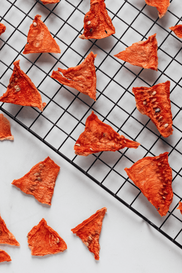 Close-up of dried watermelon slices made in an air fryer, served as a snack