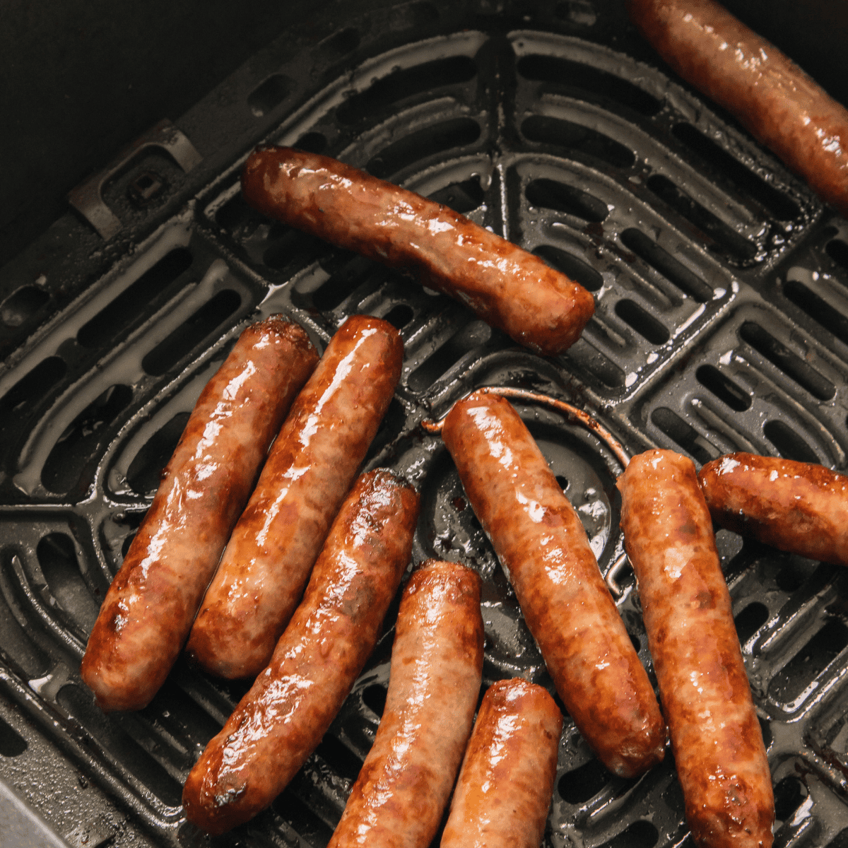 Air Fryer Jimmy Dean Sausage in air fryer basket.