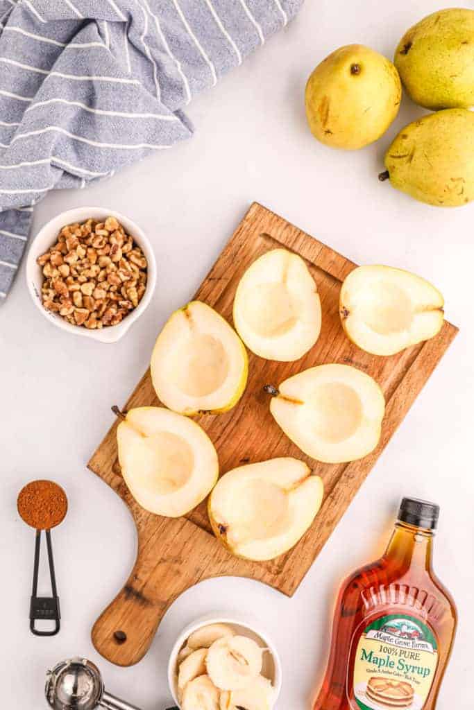 overhead: sliced fruit to make air fryer pears