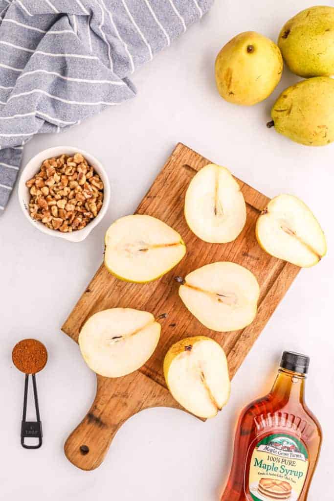 overhead: ingredients needed for this baked pears recipe