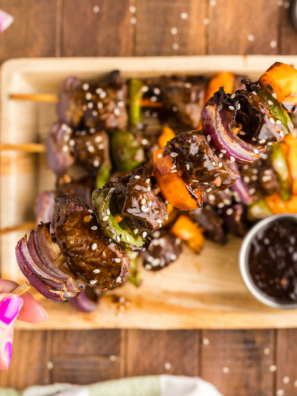 These Blackstone beef kabobs are everything a summer dinner should be — tender chunks of marinated steak and sweet, charred bell peppers and onion, all seared fast on the flat top. The griddle gives every side of the meat a deep golden crust you just can't get rotating skewers over open flame, and it's ready in about 10 minutes of cook time.