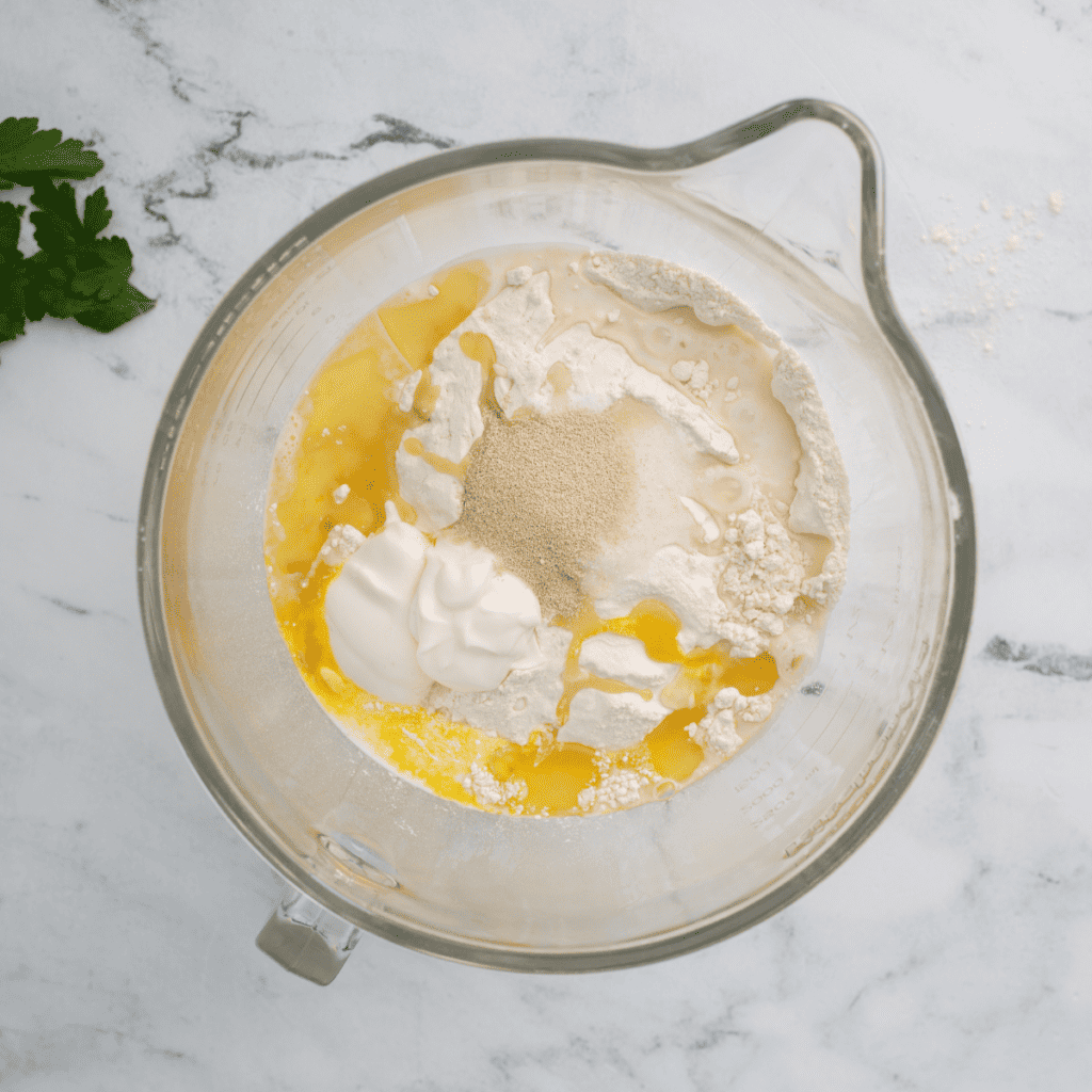 Flour, salt, sugar, eggs, milk, yogurt, olive oil, and yeast being mixed in a large bowl to form a dough for naan
