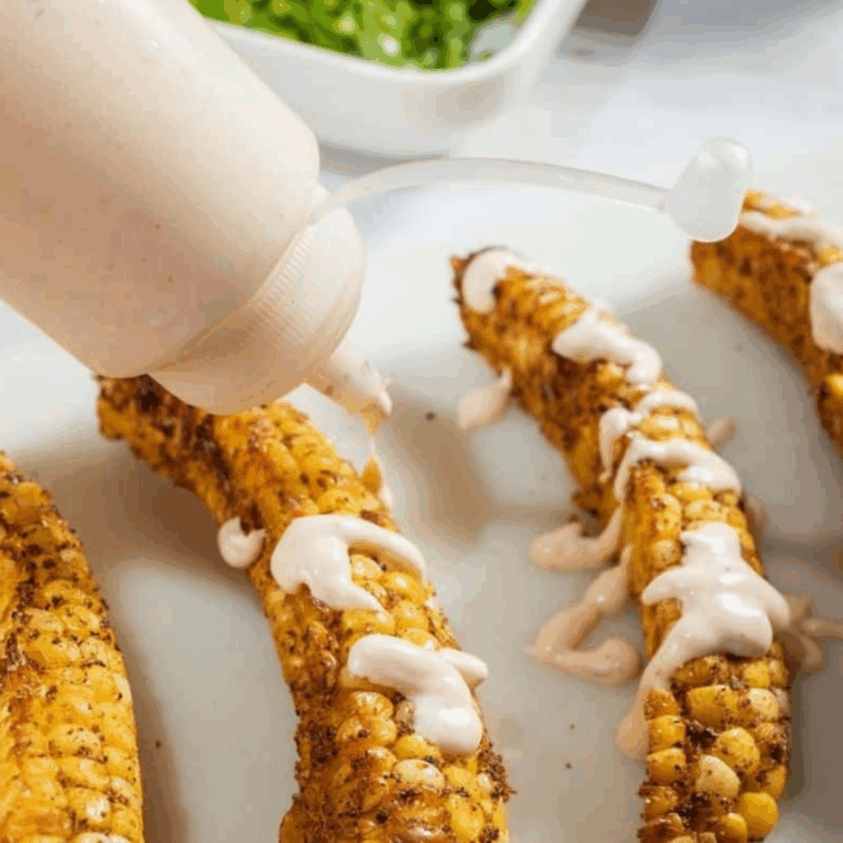 Cooked corn ribs topped with chipotle mayo, cotija cheese, and fresh cilantro.