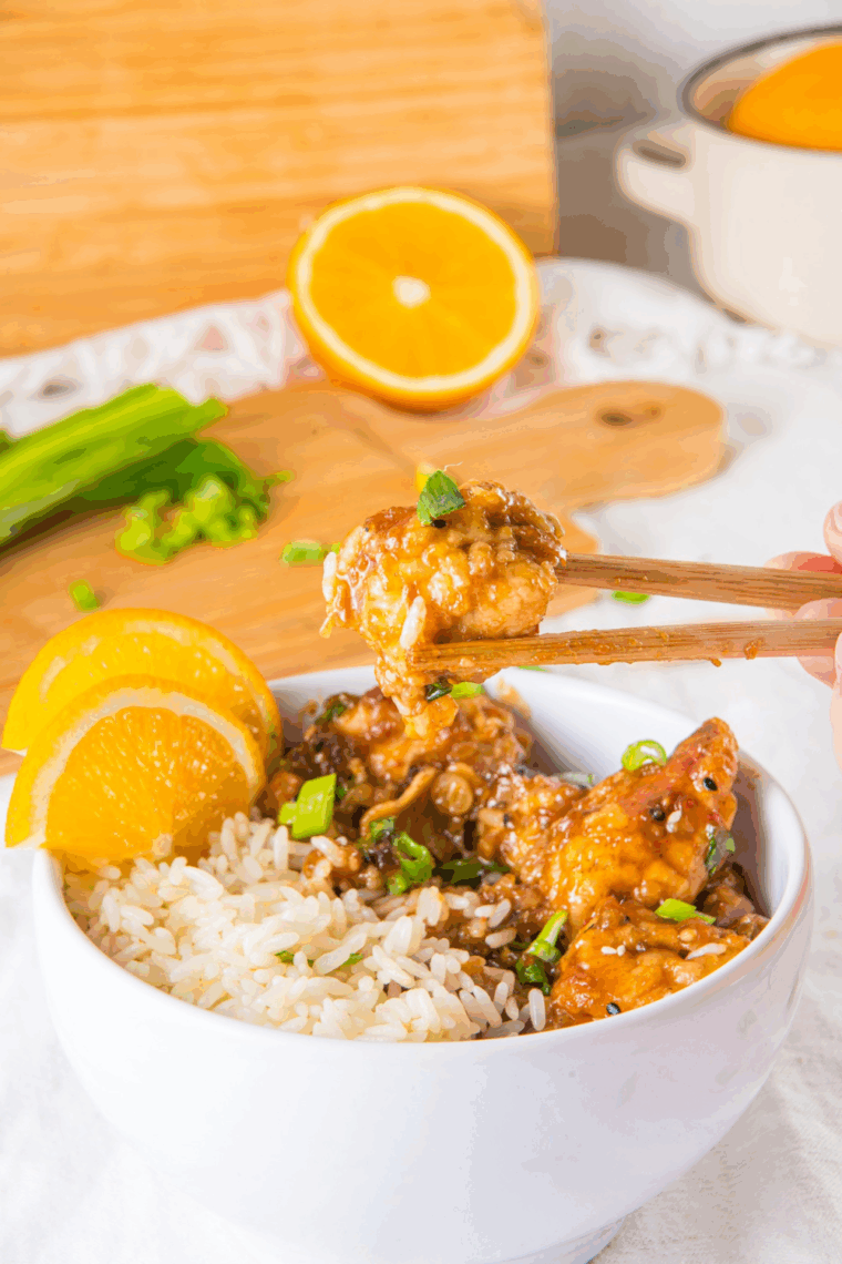 Easy Air Fryer PF Chang’s Orange Chicken with crispy chicken coated in orange sauce