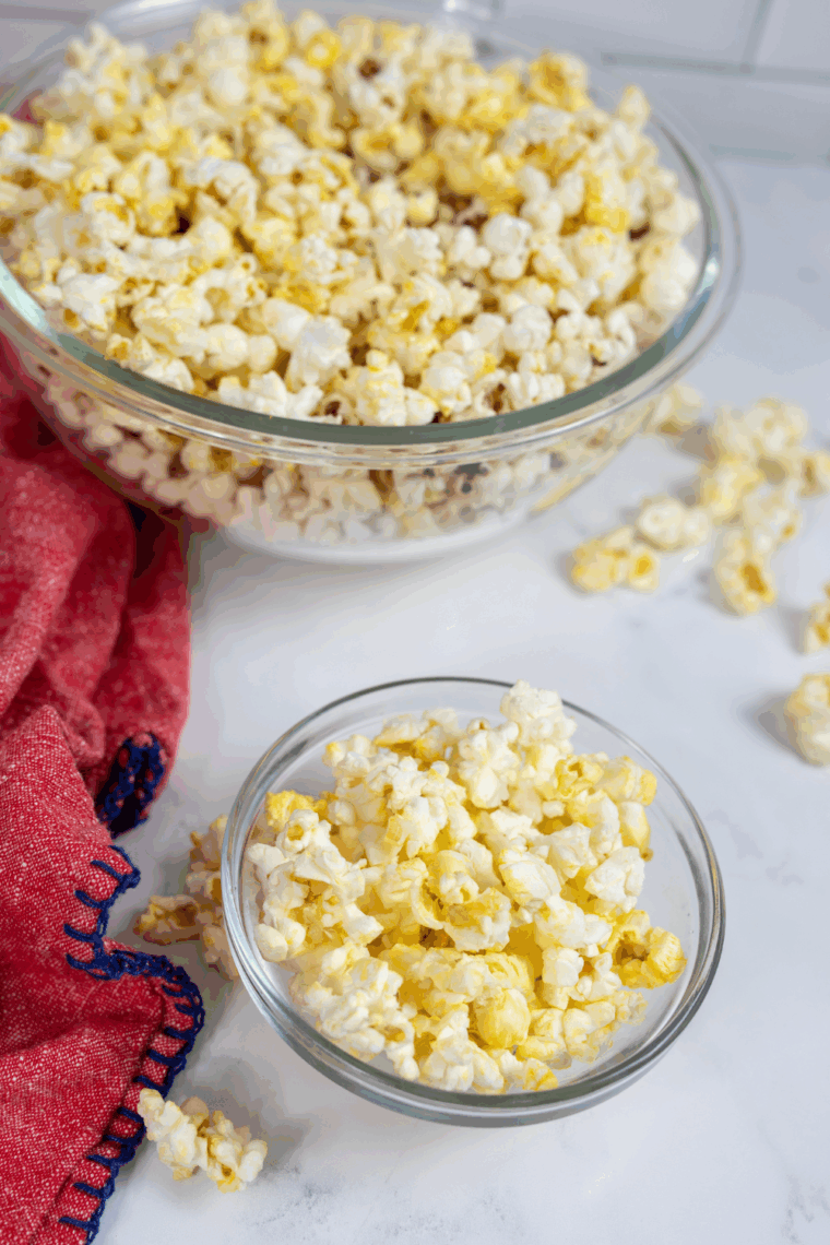 Freshly popped Blackstone griddle popcorn in a bowl, ready to serve