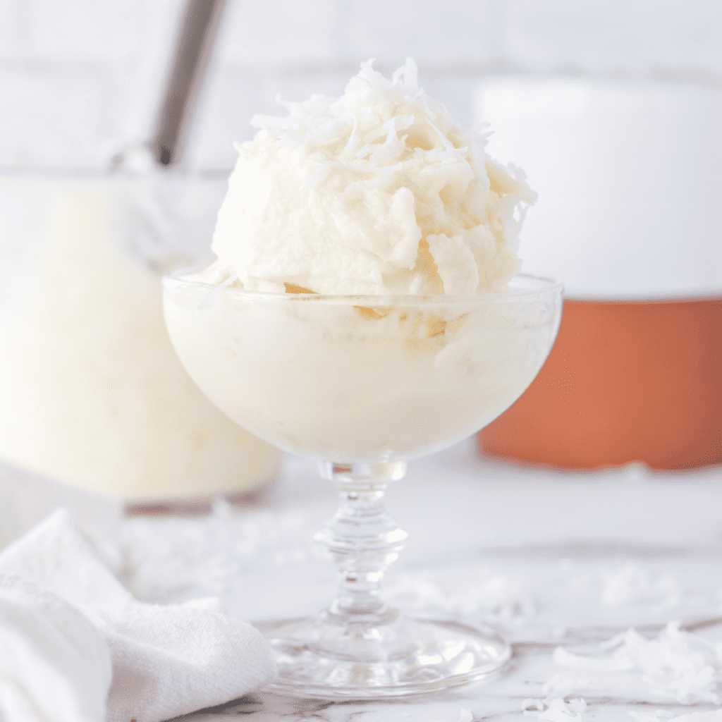 Scoop of Ninja Creami pineapple coconut sorbet in a bowl, topped with shredded coconut and pineapple chunks.