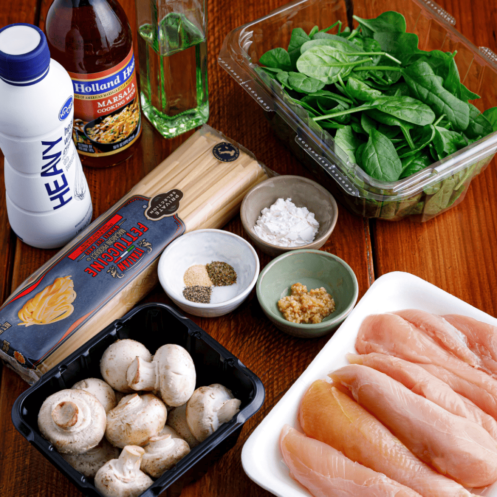Ingredients Needed For Olive Garden Chicken Marsala Fettucine Recipe on table.