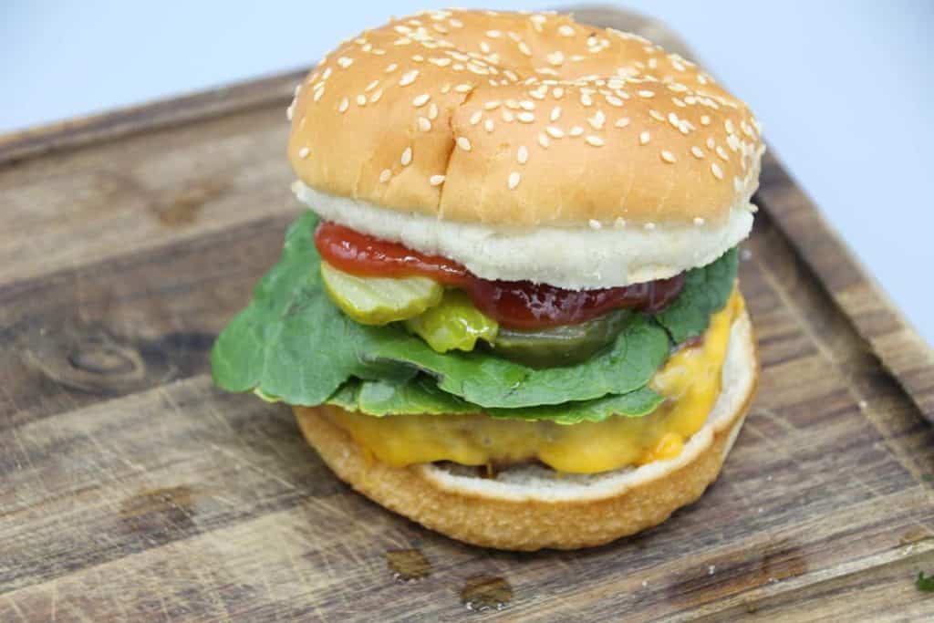 Completed hamburger after making a Beyond Burger in the air fryer.