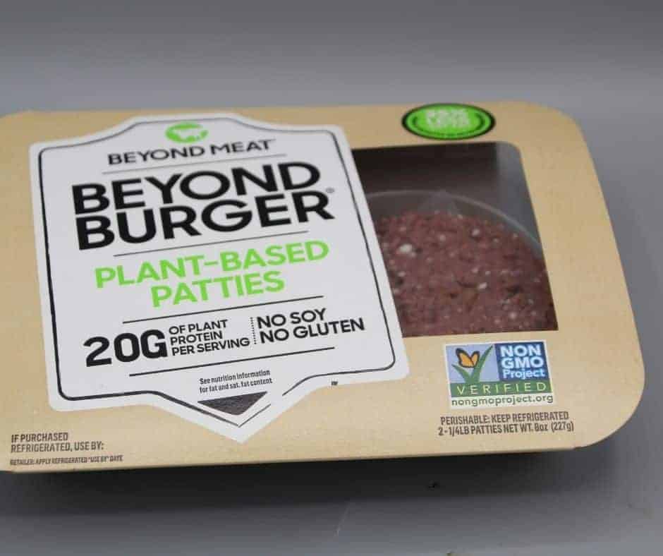 A package of uncooked BB plant-based patties for a Beyond Burger recipe.