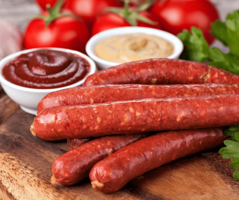Close up of uncooked cheddar brats on a cutting board. 