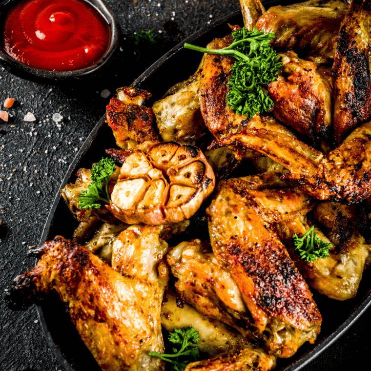 Buffalo Wild Wings Lemon Pepper Wings being served on a game day table with celery sticks and dipping sauces.