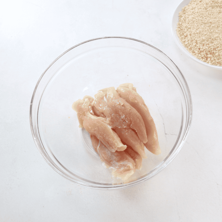 Three-bowl dredging station with flour, beaten egg, and lemon pepper panko