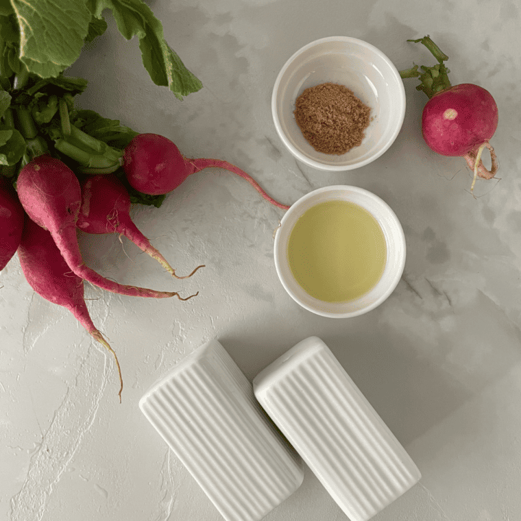 Ingredients needed for Air Fryer Roasted Radishes on kitchen table.