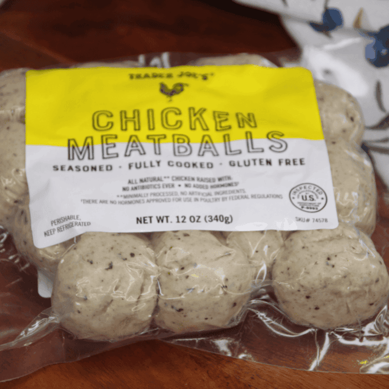 Close up of Trader Joe's Chicken Meatballs on kitchen counter.