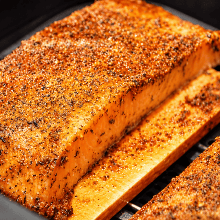 Salmon fillet placed straight in the air fryer basket, no parchment paper needed