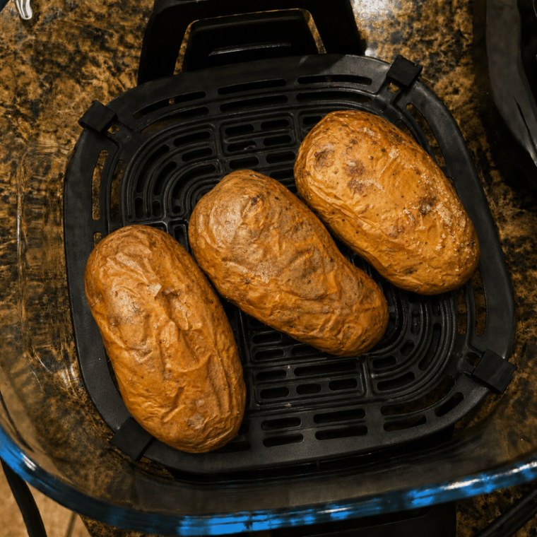 Baked potatoes crisping inside the Ninja Crispi glass container