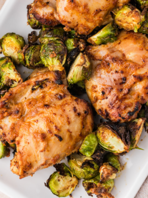 Crispy Ninja Crispi Brussels sprouts with golden caramelized edges served in the glass container