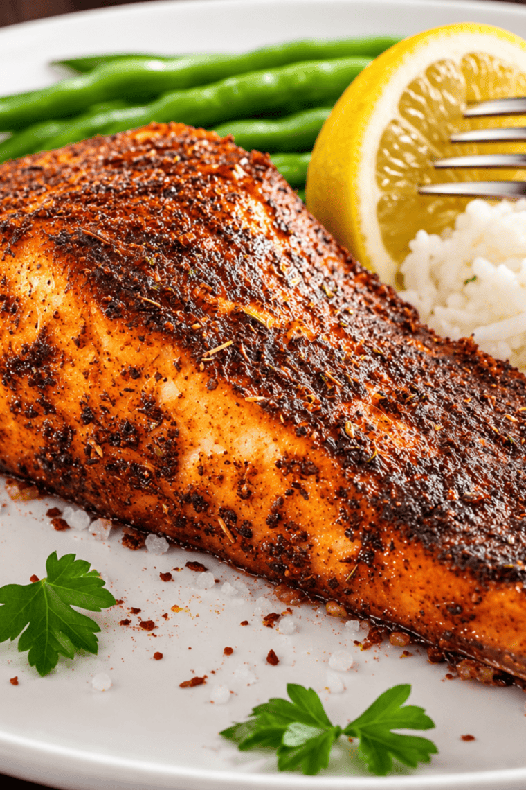 Flaky air fryer cedar plank salmon fillet with crispy edges and a squeeze of lemon