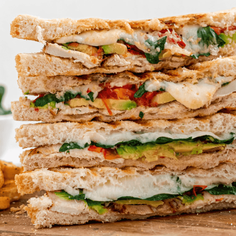 Freshly made Air Fryer Panera-style Frontega chicken sandwich with smoky grilled chicken and cheese.