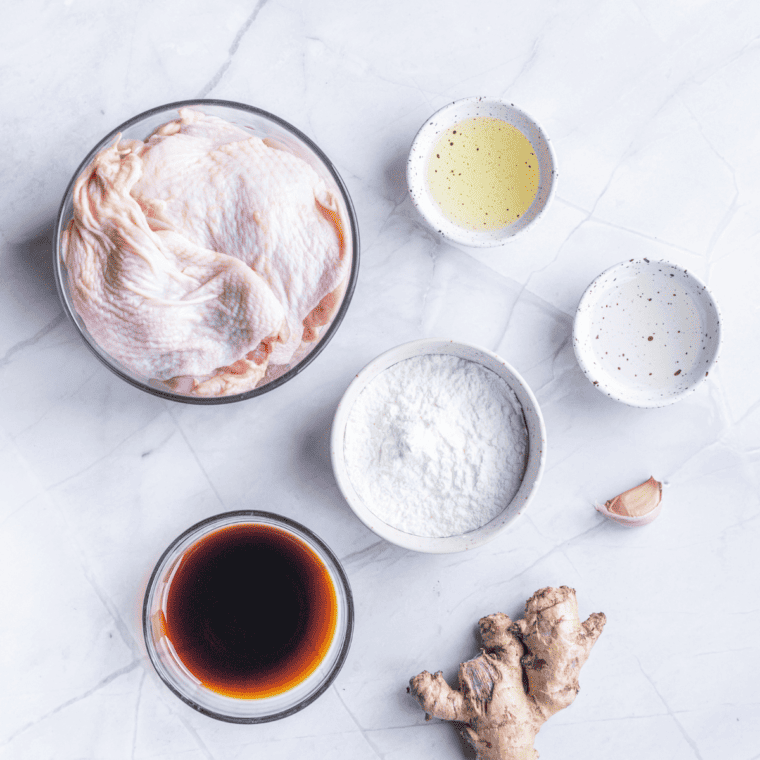 Ingredients Needed For Air Fryer Chicken Karaage on kitchen table.